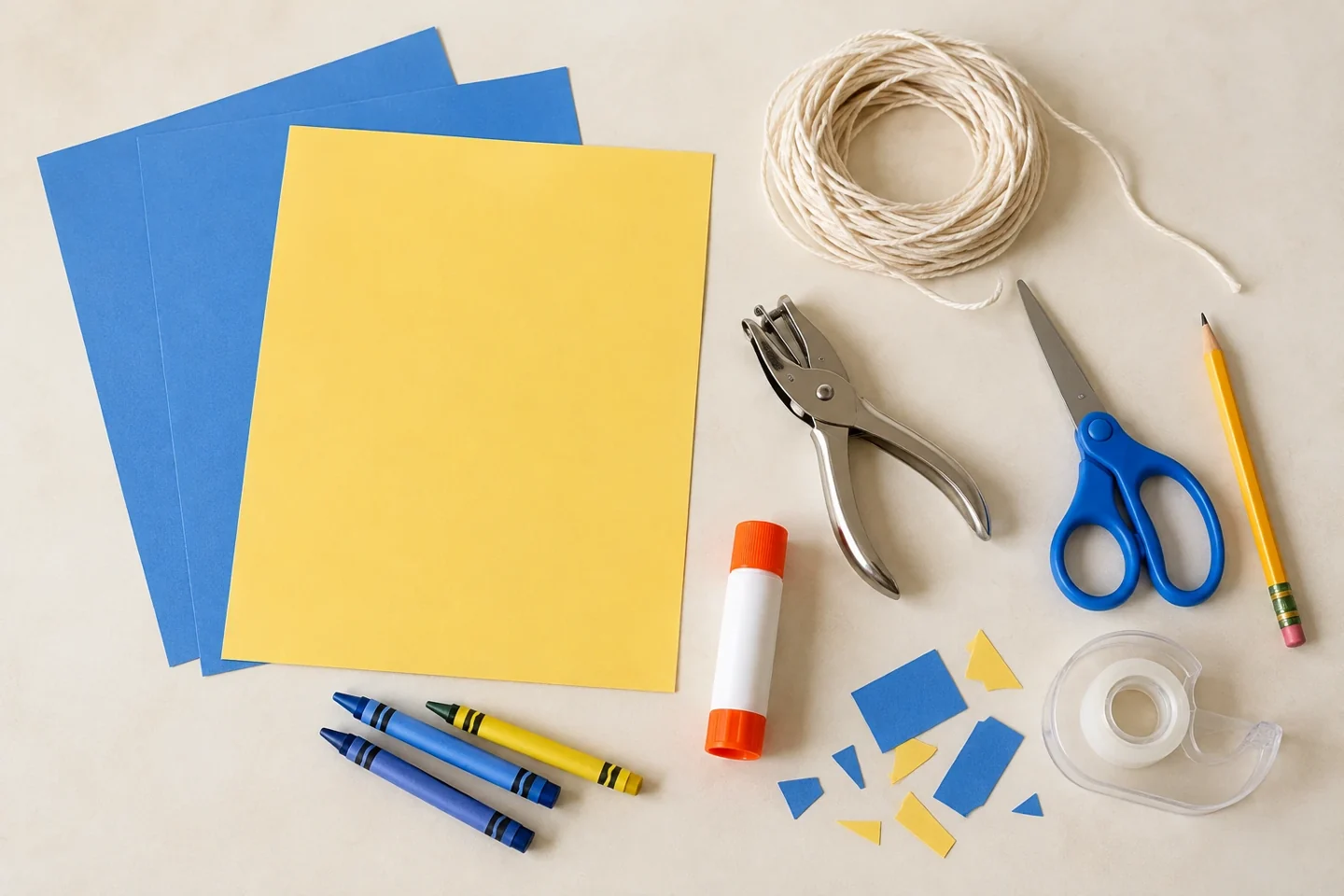 Blue and yellow cardstock, cotton string and garland supplies