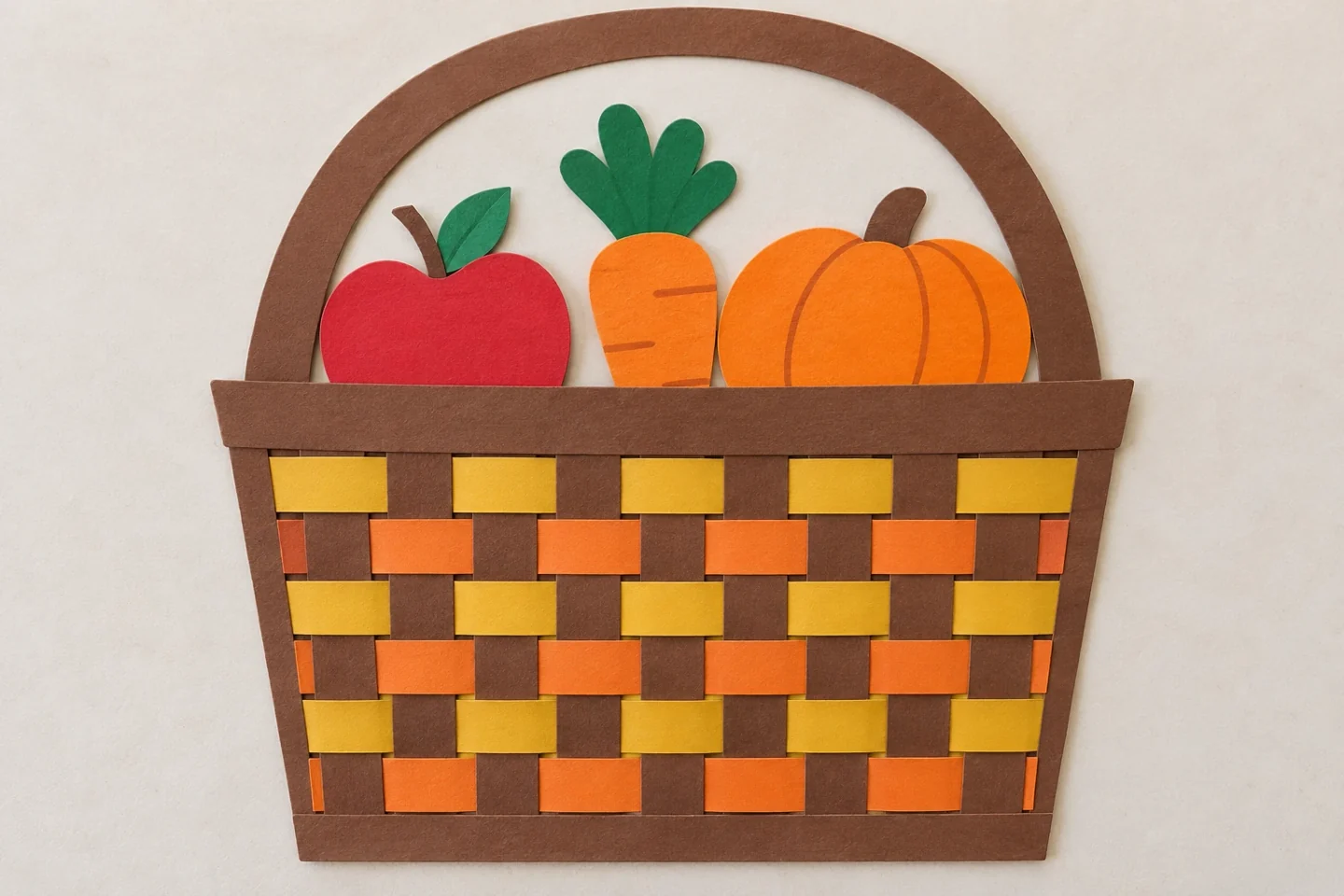 The finished flat collage shows six alternating woven rows beneath the paper produce.