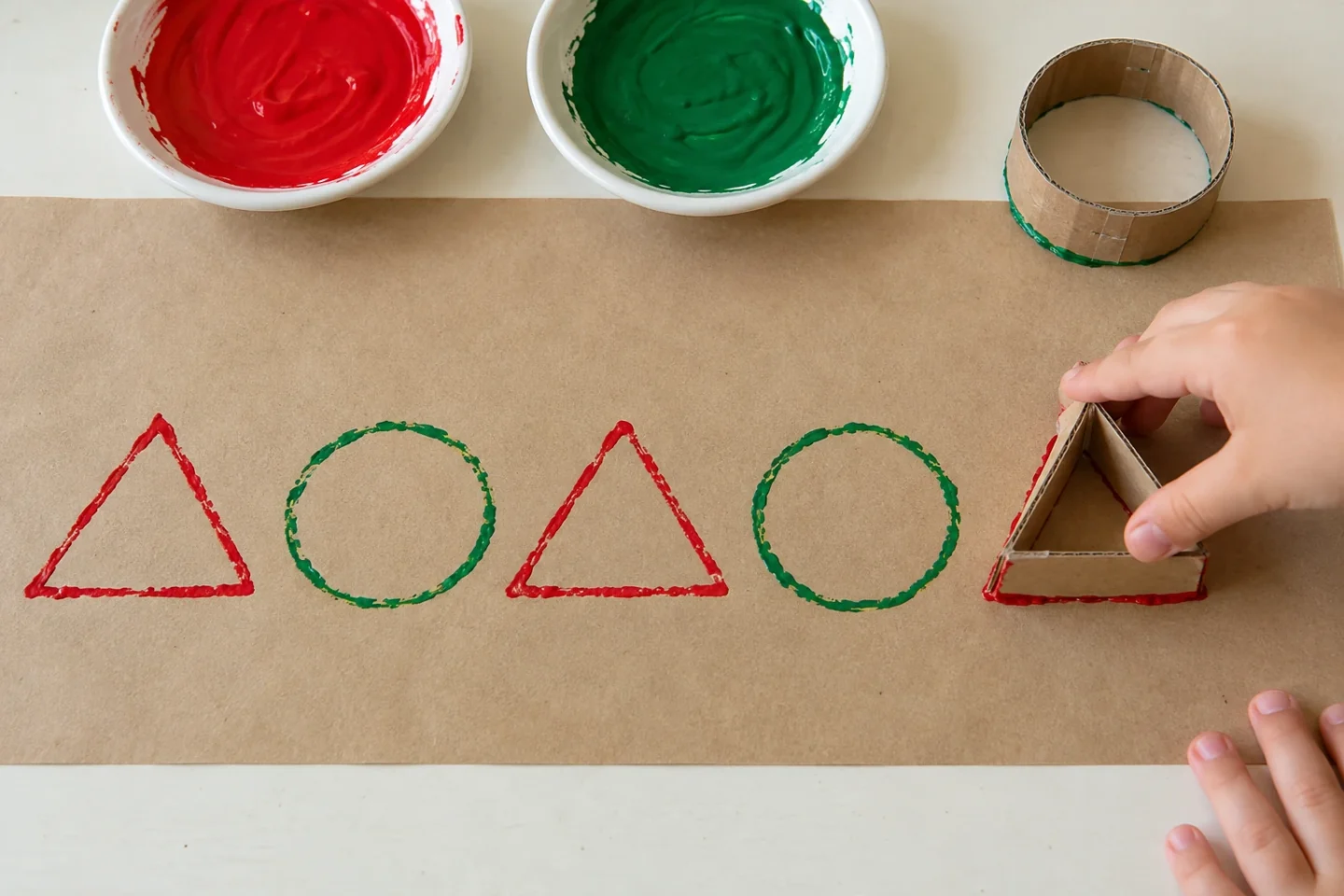 Hands pressing the edge of a triangular cardboard stamp straight down after a circle outline in a repeating row; thin paint outlines, no sliding