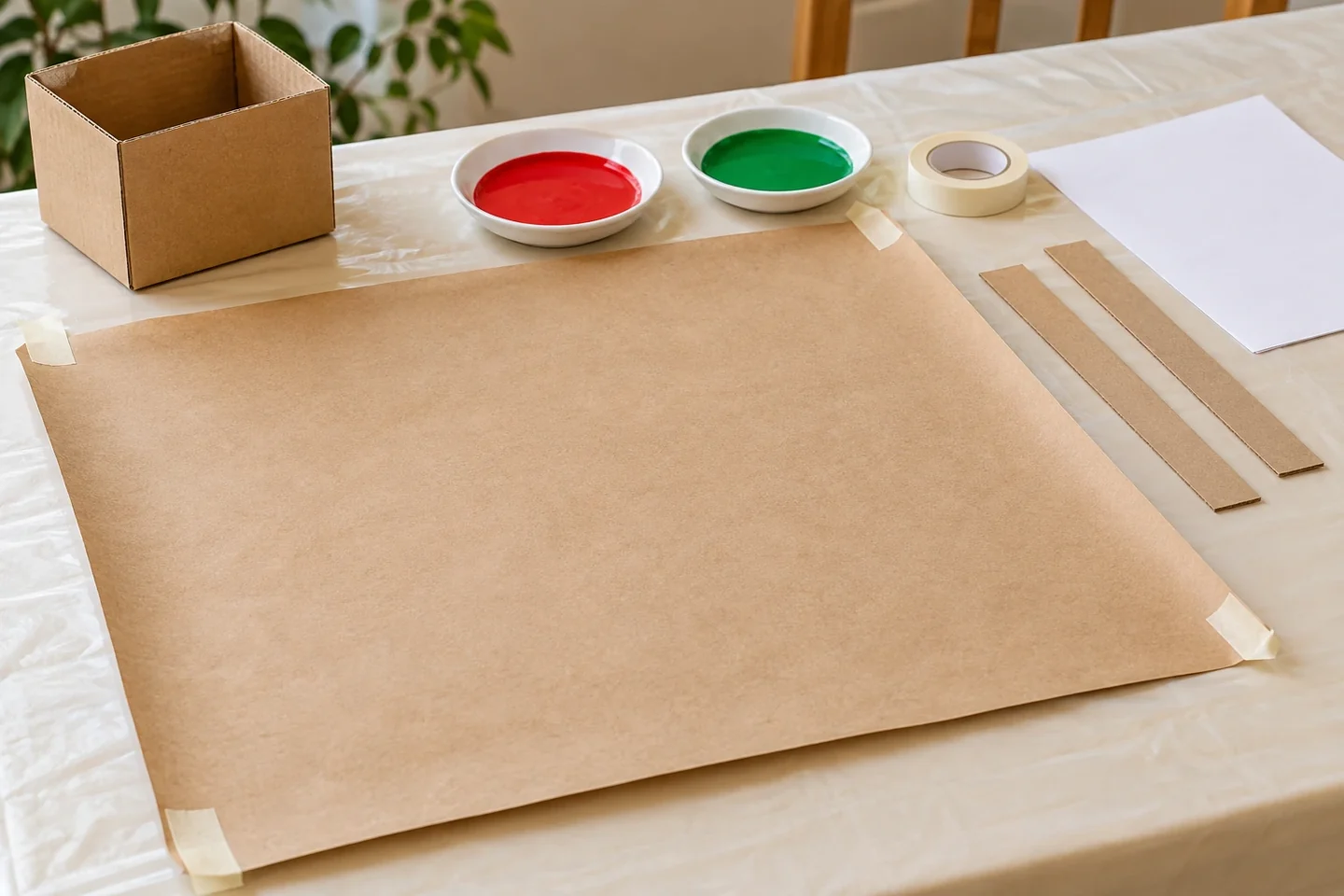 One plain eighteen-by-twenty-four-inch kraft sheet, two intact cardboard strips, washable red and green paint shallow dishes tape scrap paper and small empty box