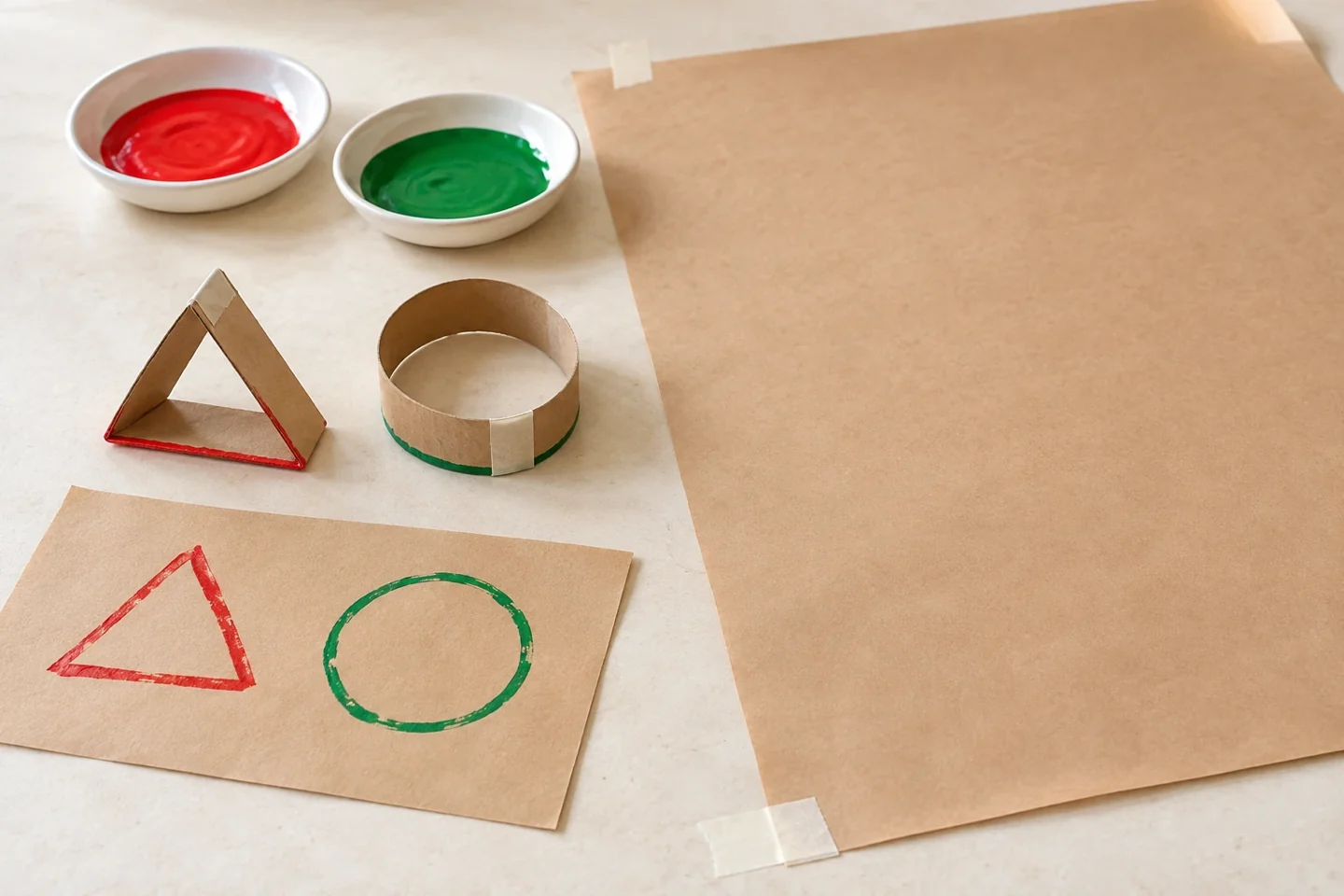 Two taped cardboard edge stamps, one triangle and one rounded loop, beside unprinted kraft paper and a scrap carrying two practice outlines