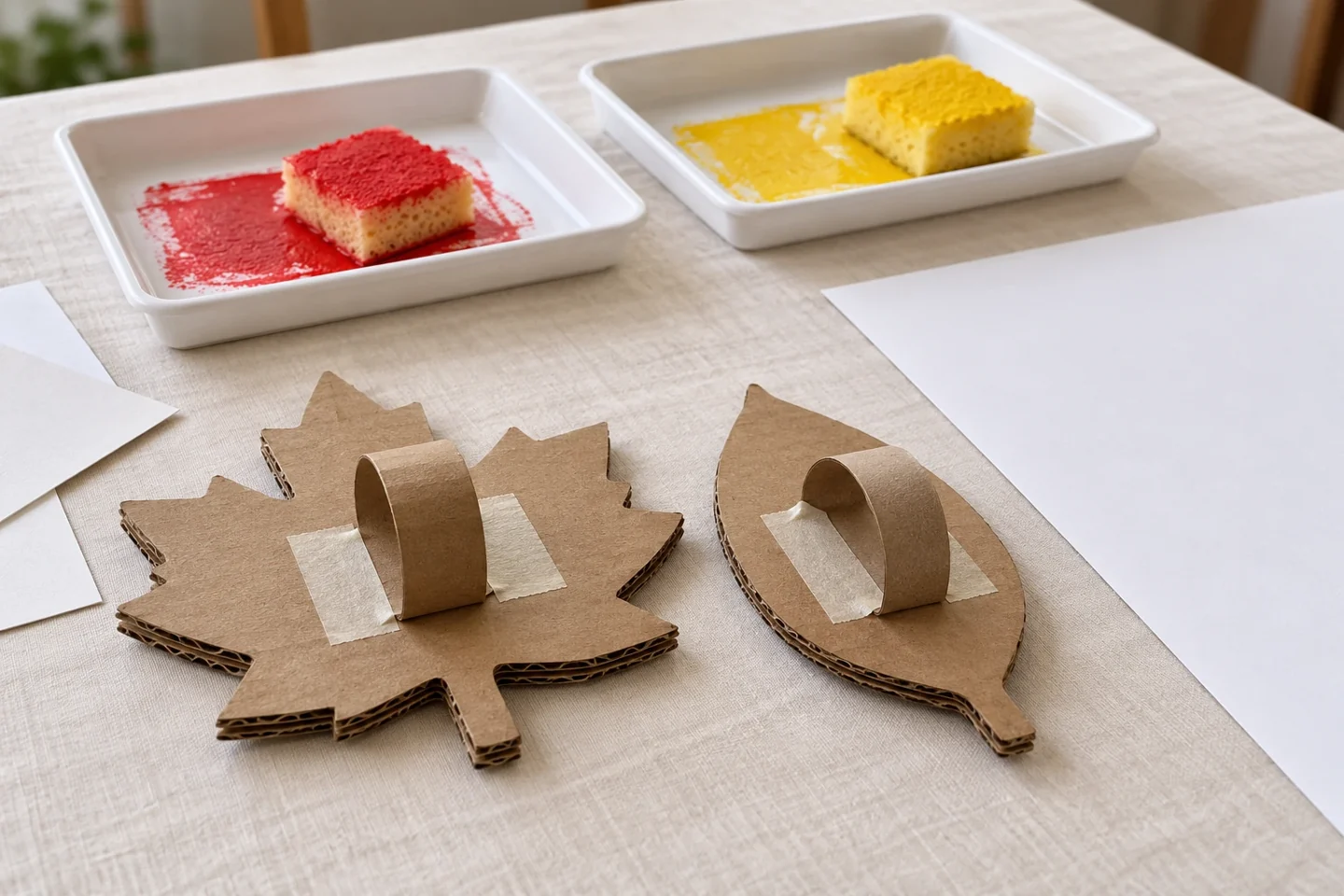 Tape both ends of each folded handle to the back of its cardboard leaf.