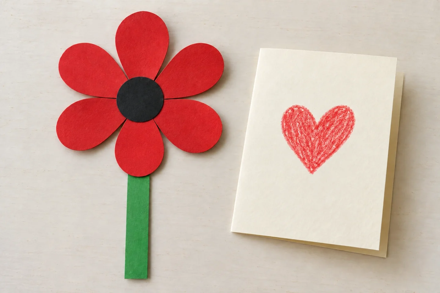 Overhead finished six-petal red flower with dark center and green paper stem beside folded cream card carrying a simple hand-drawn symbol of care