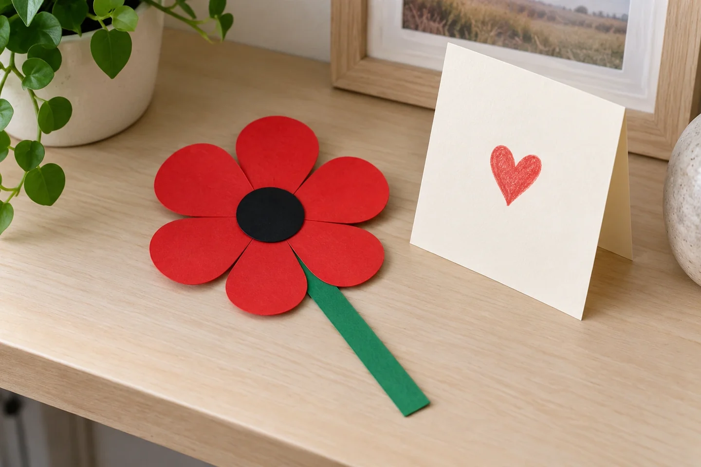 Simple flat red paper flower with dark center and green paper stem beside cream remembrance card on quiet indoor shelf, calm thoughtful setting with no party props