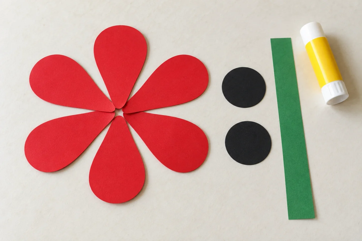 Six rounded red petals about 5 cm long arranged radially on table, separate dark center circle and green stem beside them