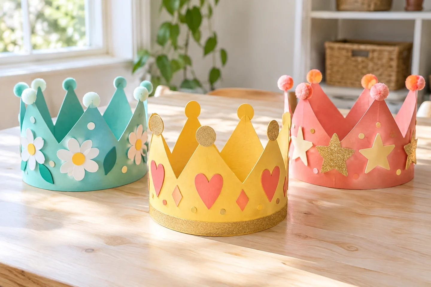 Finished paper crowns with stars and flowers