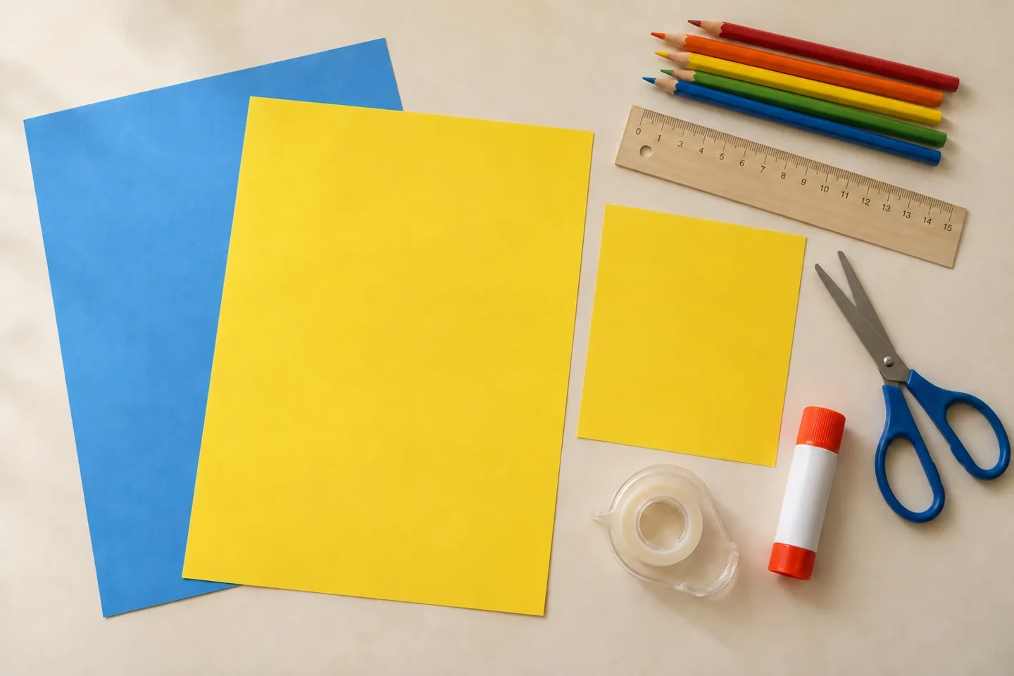 Raw two colored paper sheets pencil crayons ruler scissors paper tape and blank cardstock for one 10 cm star