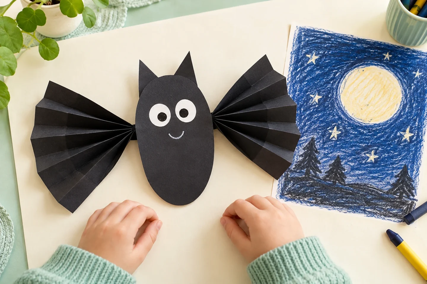 A friendly paper bat with folded fan wings on a pale art board.