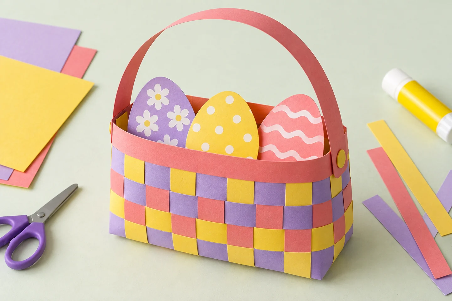 A flat woven paper Easter basket with a handle and three eggs