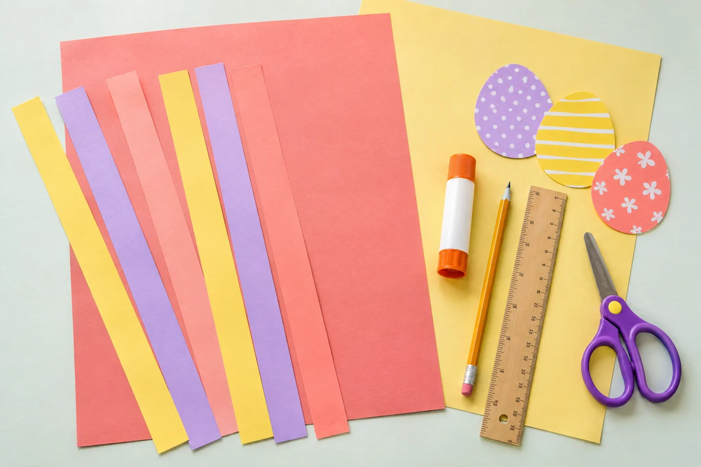 Slotted basket base, paper strips, decorated eggs and cutting supplies