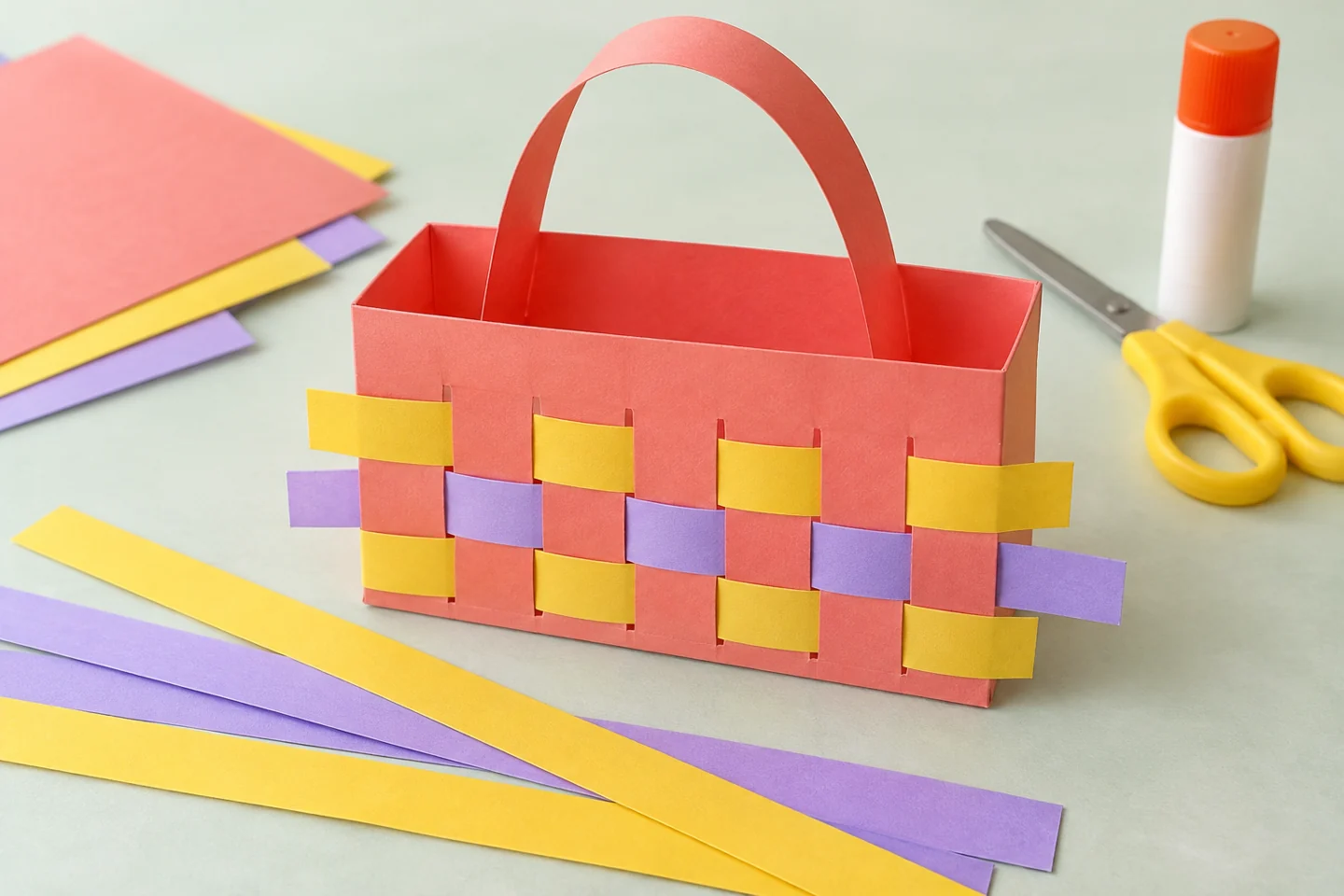 A paper base with five vertical slots beside four weaving strips