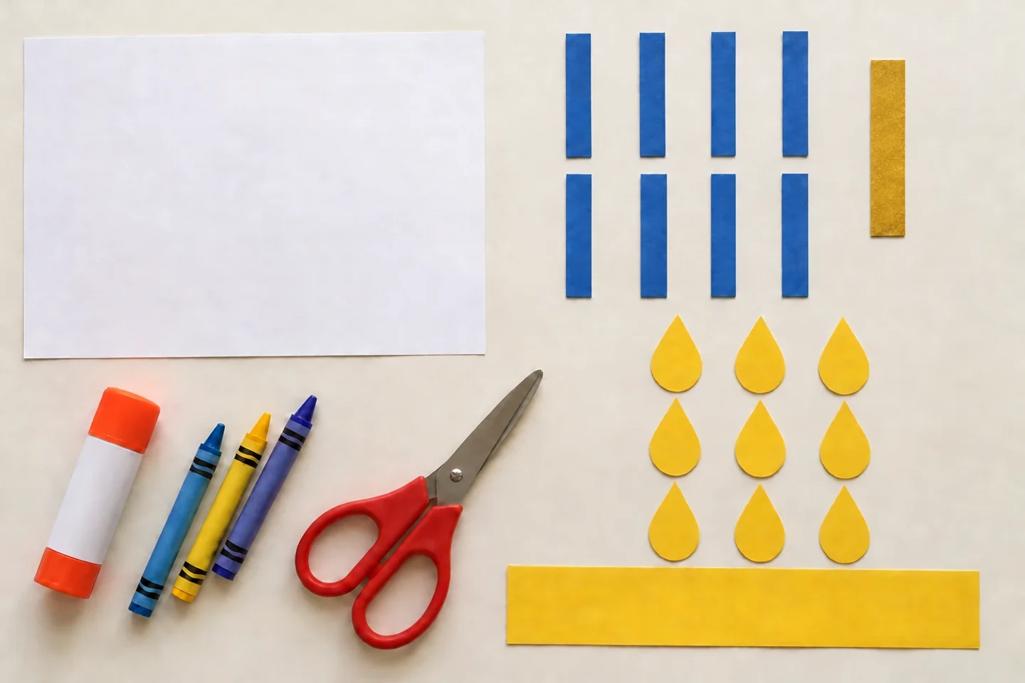 Landscape background cardstock, eight equal candle rectangles, one taller rectangle, nine paper flames, base strip, glue crayons and scissors, all loose
