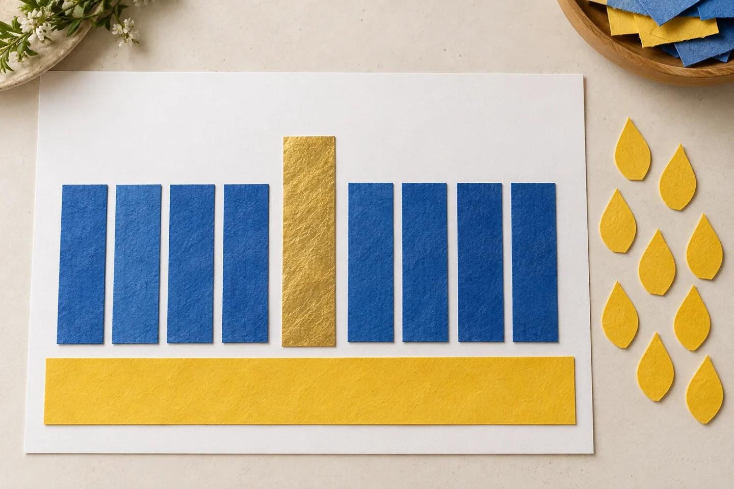 Four equal paper candle rectangles on each side of a taller central shamash and a loose base strip; nine flames in a separate group, nothing glued