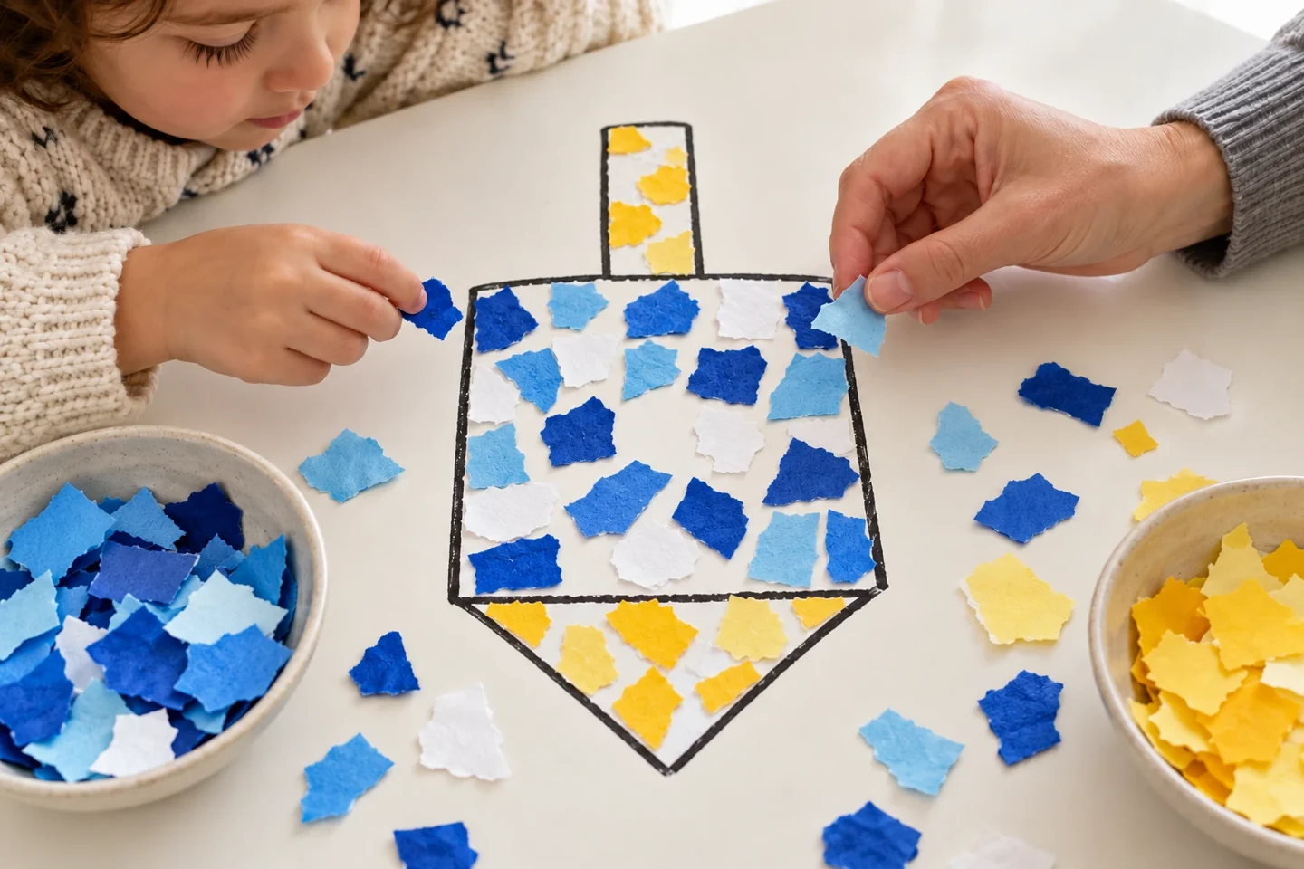A family craft table with a child comparing two scraps beside a partly filled, unlettered blue-and-white paper dreidel mosaic