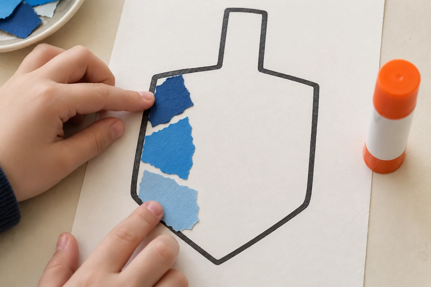Fingertips pressing three separated torn blue pieces into a small glued section at the outline edge, visible gaps between pieces
