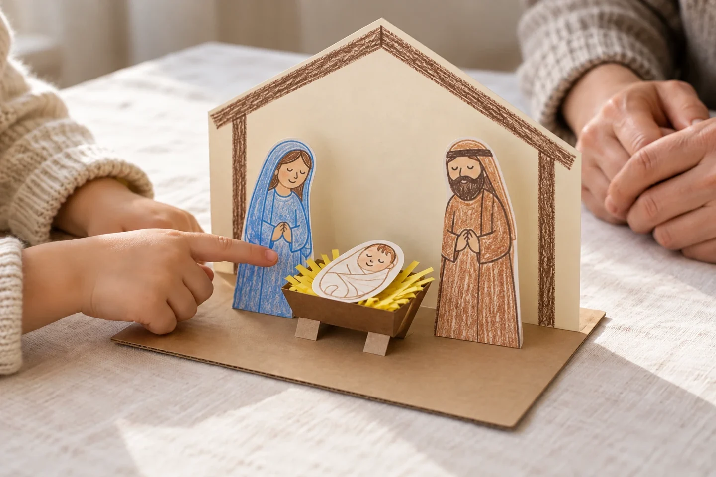 An adult listening while a child retells the Christmas story with a simple standing paper scene showing Mary Joseph and baby Jesus in a manger