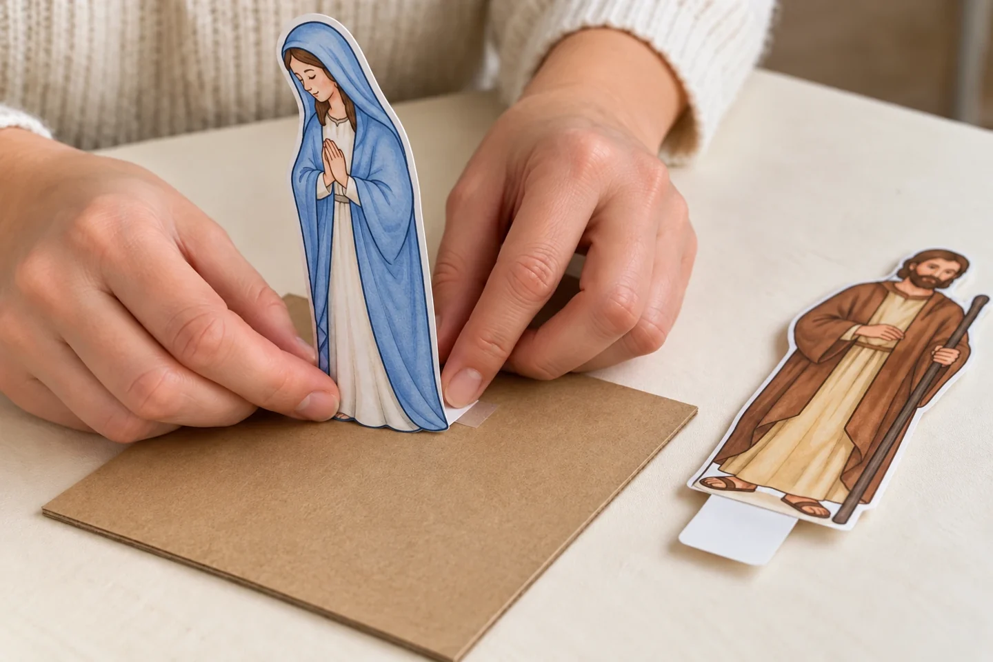 Hands folding the narrow lower support tab backward on one paper figure and attaching it to the base with a small tape loop