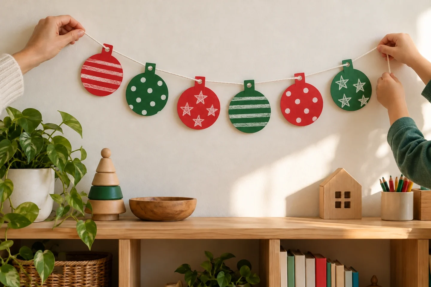 An adult and child hanging a six-ornament paper Christmas garland above a craft shelf, away from candles