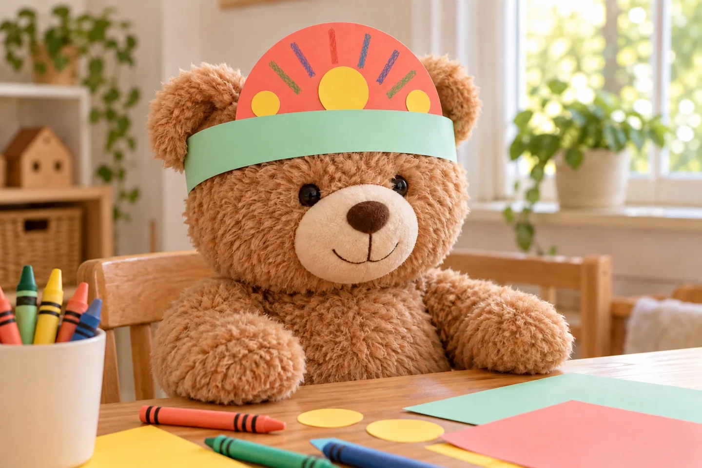 Broad mint headband hat with lightweight coral semicircle top and flat yellow circles, worn by a large toy beside a party drawing table