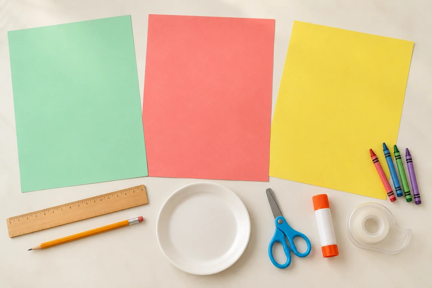 Two blank letter-size construction-paper sheets, spare paper for longer band or reinforcement, ruler, pencil, 7 inch plate, child scissors, glue stick, clear tape and crayons, separate