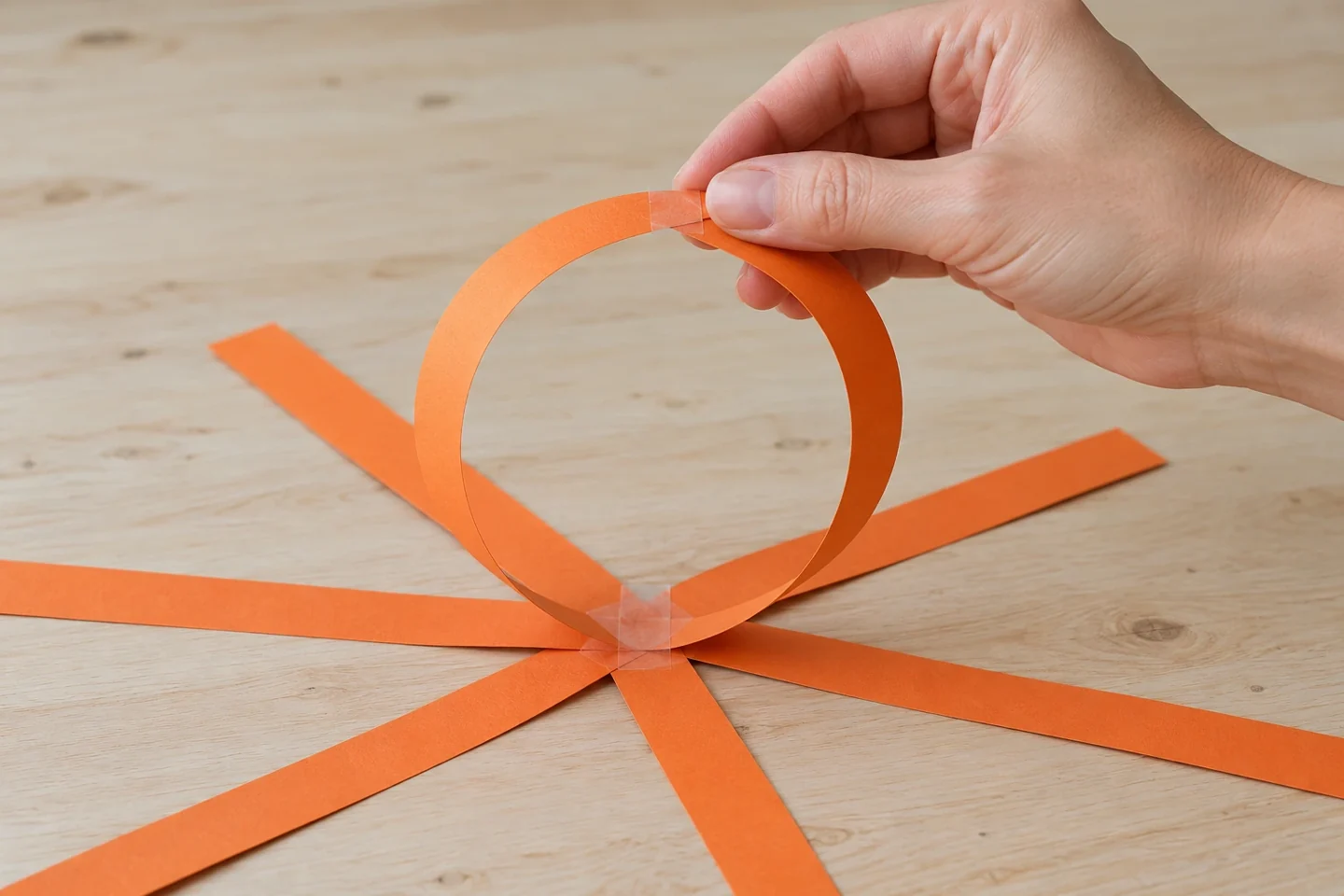Two opposite orange ribs curve upward and meet at a taped top join while the other strips remain flat.