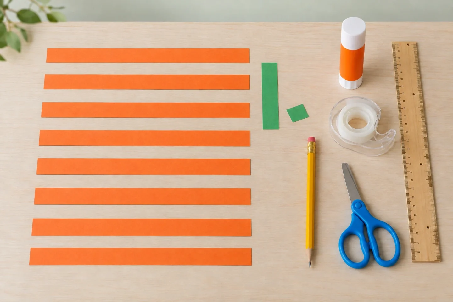 Eight matching orange paper strips, one short green strip and the tools for a paper pumpkin.