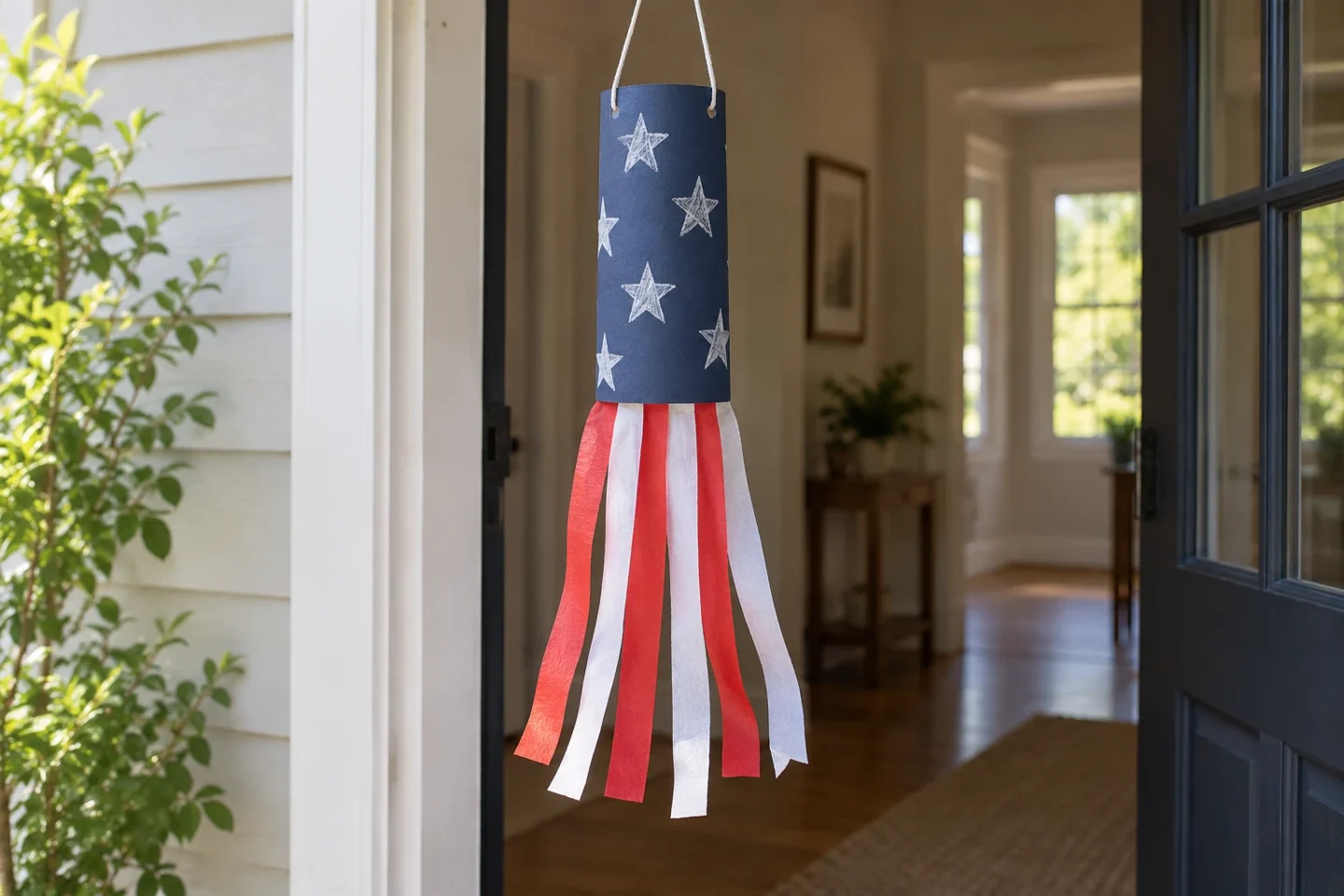 Navy broad paper-cylinder windsock suspended in a sheltered indoor doorway, exactly six alternating red and white streamers moving gently