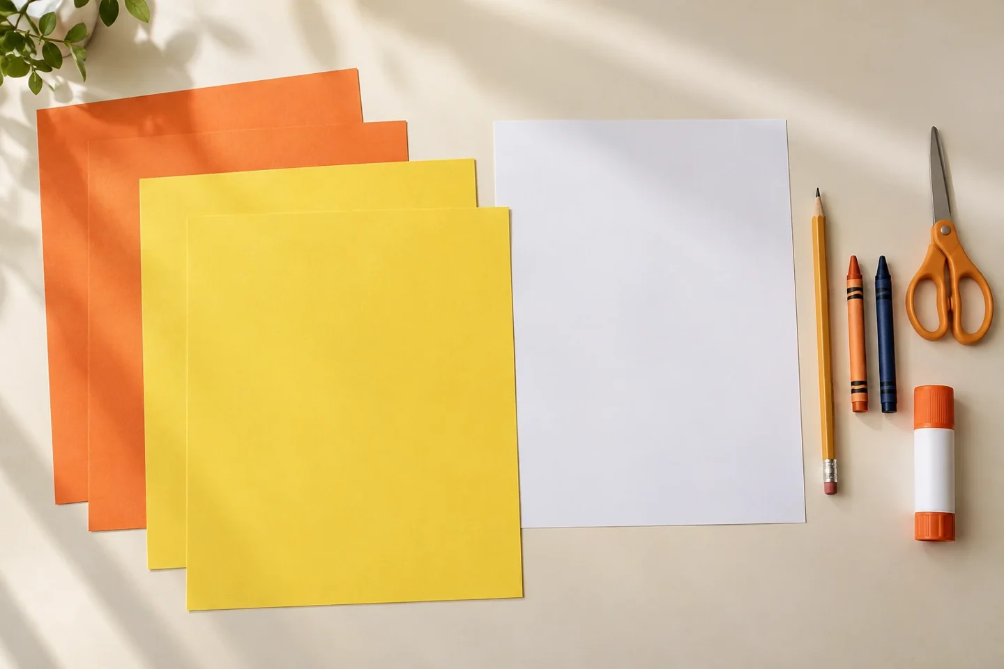 Orange and yellow paper, scissors, pencil, crayons and a blank backing sheet.