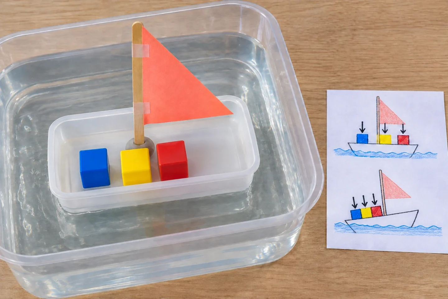 Three same-size blocks balanced around central mast in floating hull, all inside dry hull