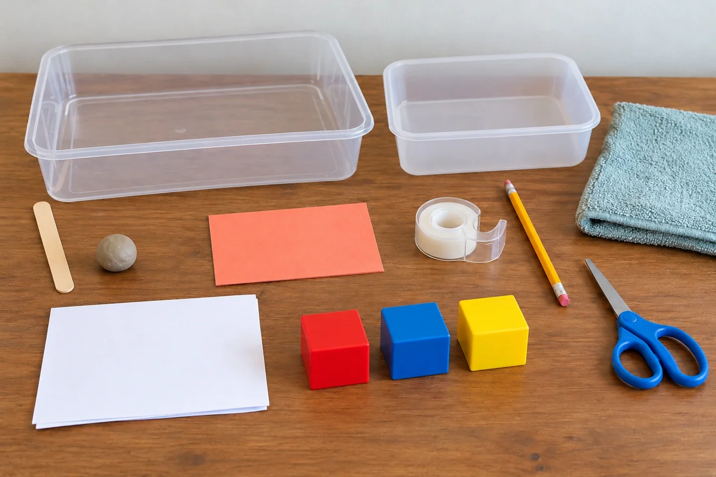 Empty shallow 15 to 20 cm plastic container, one craft stick, small unshaped clay portion, blank 8 by 10 cm cardboard rectangle, tape, pencil, paper, three large similar plastic blocks, scissors, empty water tray and towel, all separate