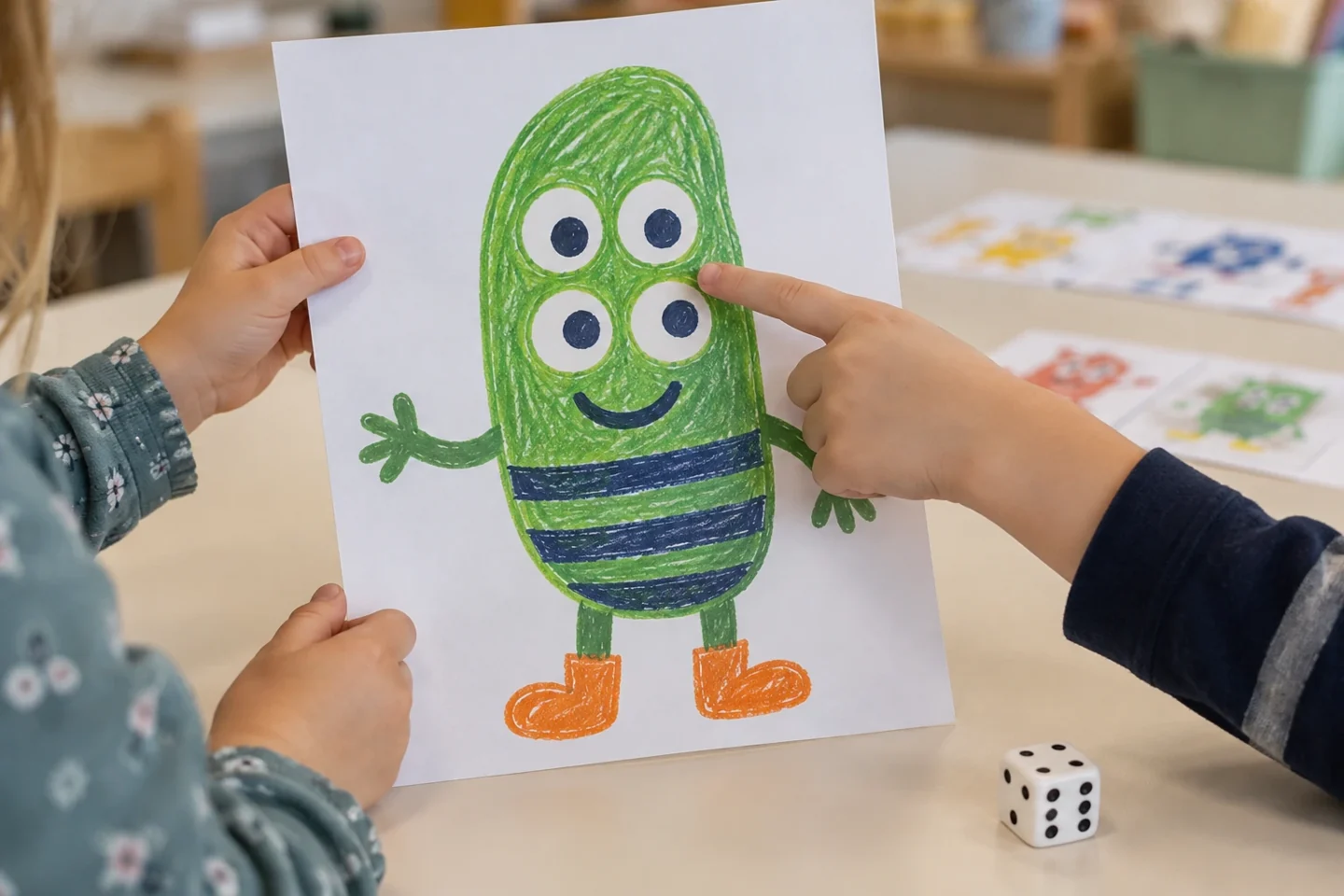 A child introduces a green striped monster with four eyes.