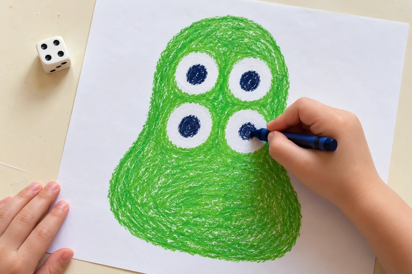 A child finishes the fourth eye on a green bean-shaped body.