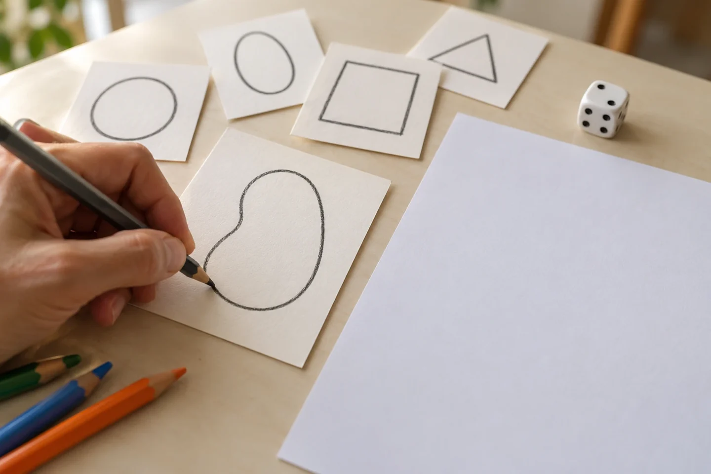 An adult prepares a bean-shaped body option before the drawing game.