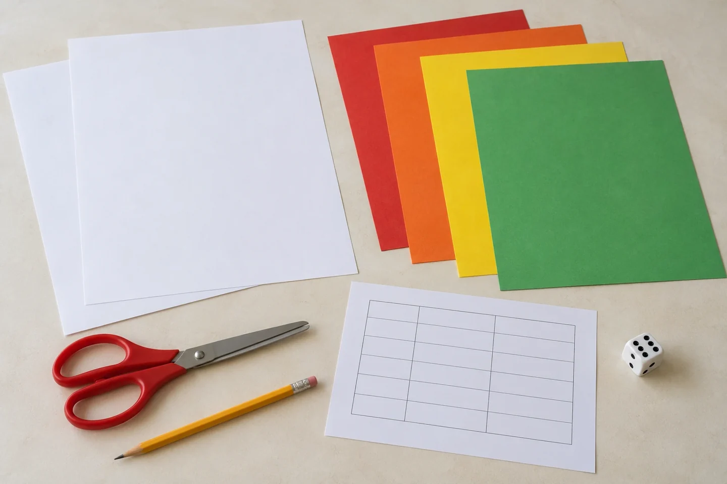 Gather blank mats, colored paper, scissors, a pencil, a die and a sheet for recording rolls.