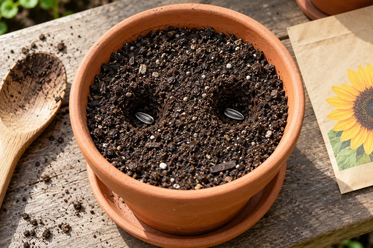 Two unsprouted sunflower seeds in separate planting holes