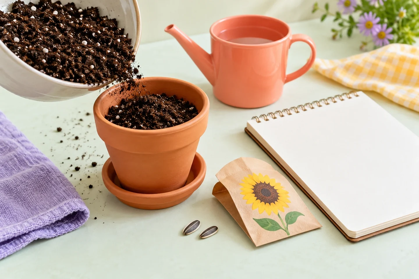 A pot filled with seed-starting mix beside a blank journal