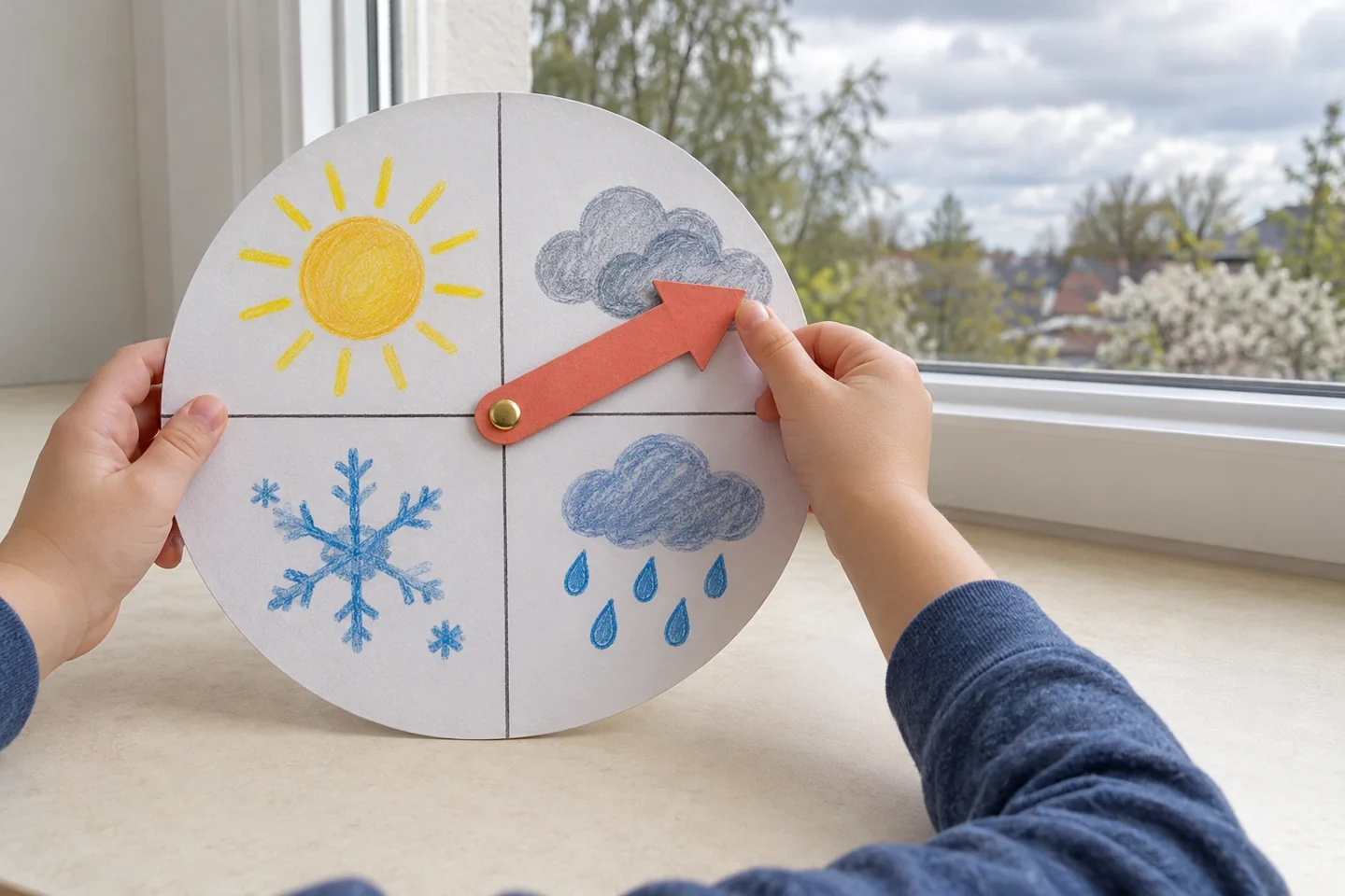Child hands choosing weather on 8-inch cardstock wheel beside a safe table-level window showing cloudy spring sky