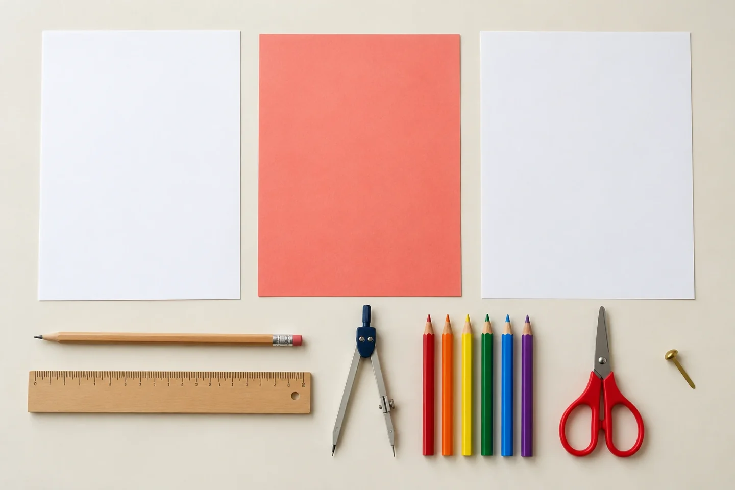 Raw white cardstock sheet, contrasting pointer cardstock, pencil ruler compass colored pencils scissors one paper fastener and one blank observation sheet
