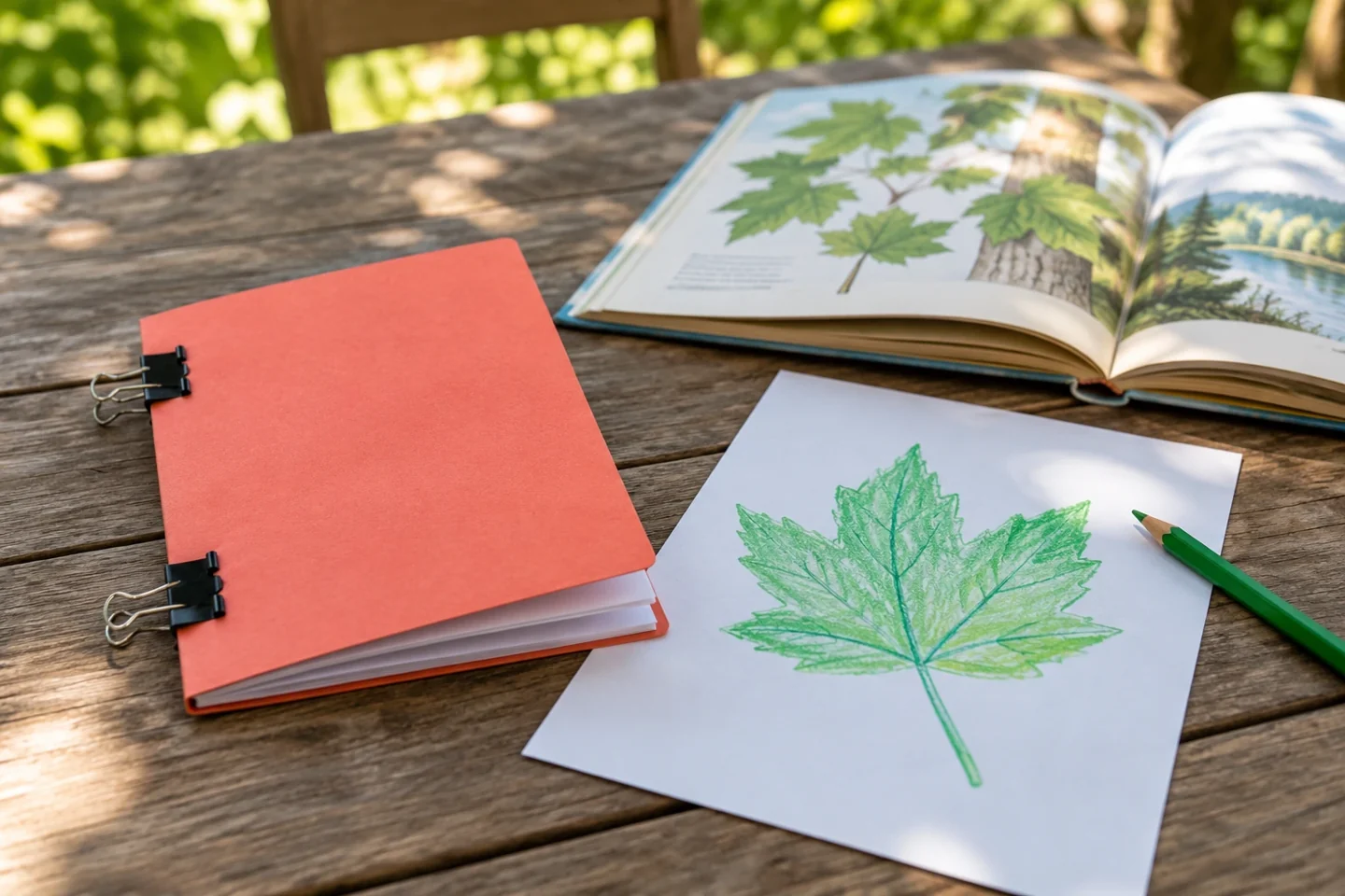 A coral folded-paper booklet beside a borrowed picture book and a freshly completed leaf drawing at a summer reading table