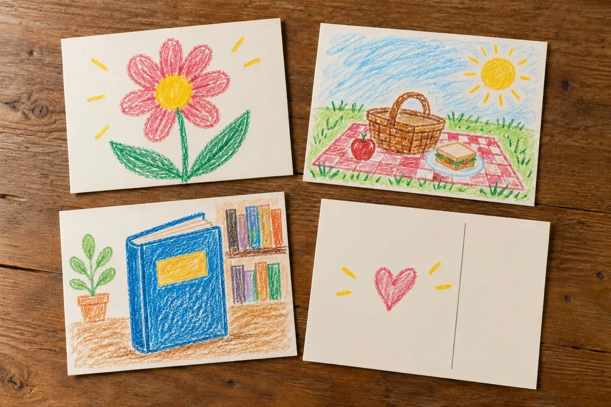 Overhead four finished cards showing three illustrated fronts and one reverse with a simple greeting mark and drawing symbol, no readable names or address