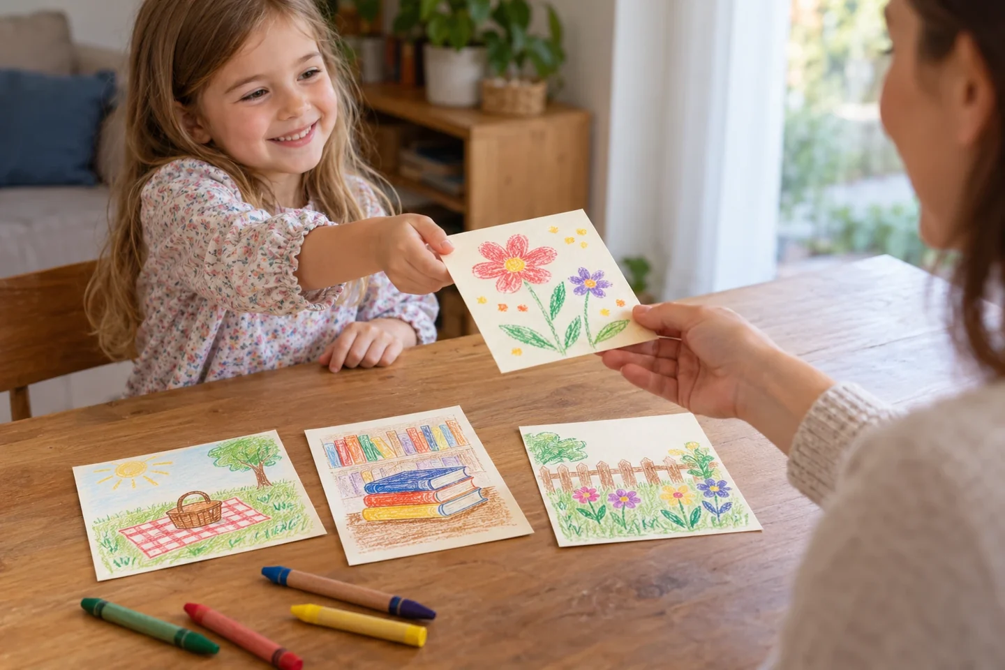 Child handing a flower-art postcard to an adult, with three other summer scene cards on the table
