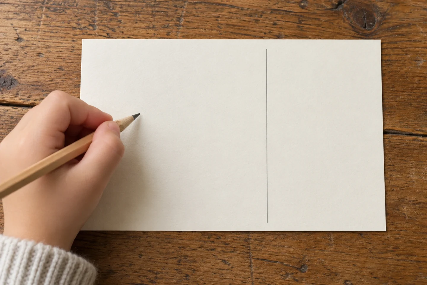 One card reverse with a vertical pencil line dividing broad left message space and narrower recipient space