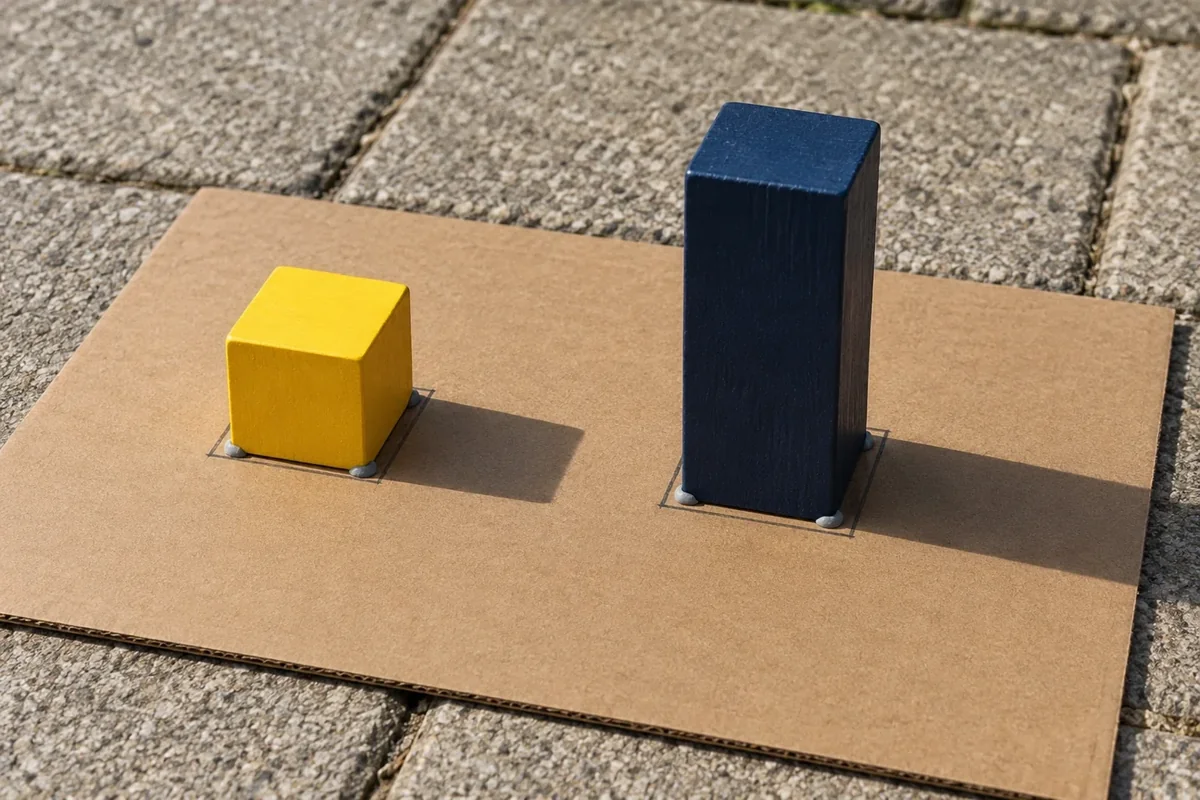 Two blocks secured with tiny clay pads on a cardboard board, their footprints lightly outlined in pencil