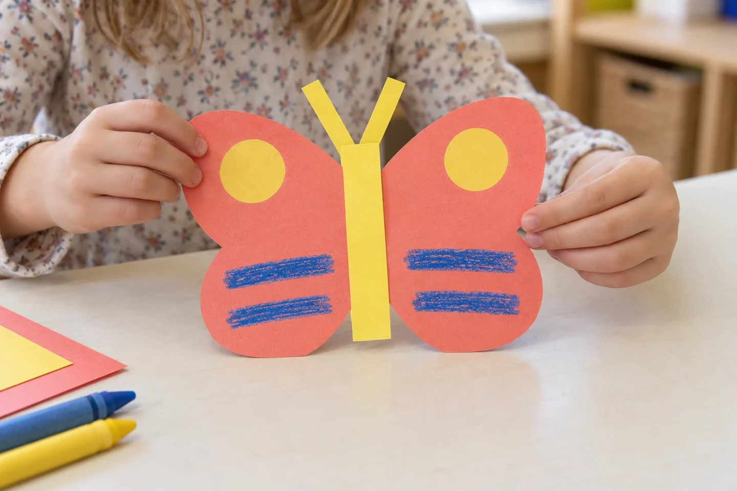 Child hands comparing two halves of completed coral paper butterfly with yellow body and mirrored crayon spots on classroom table