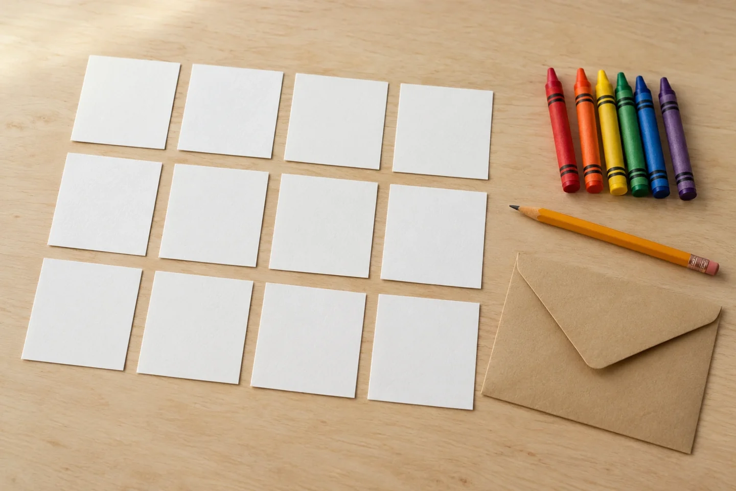 Start with twelve blank cardstock squares, crayons, a pencil and a storage envelope.