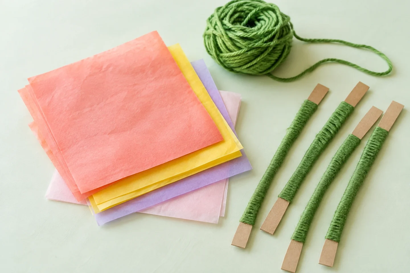 Prepared green stems beside tissue squares and yarn