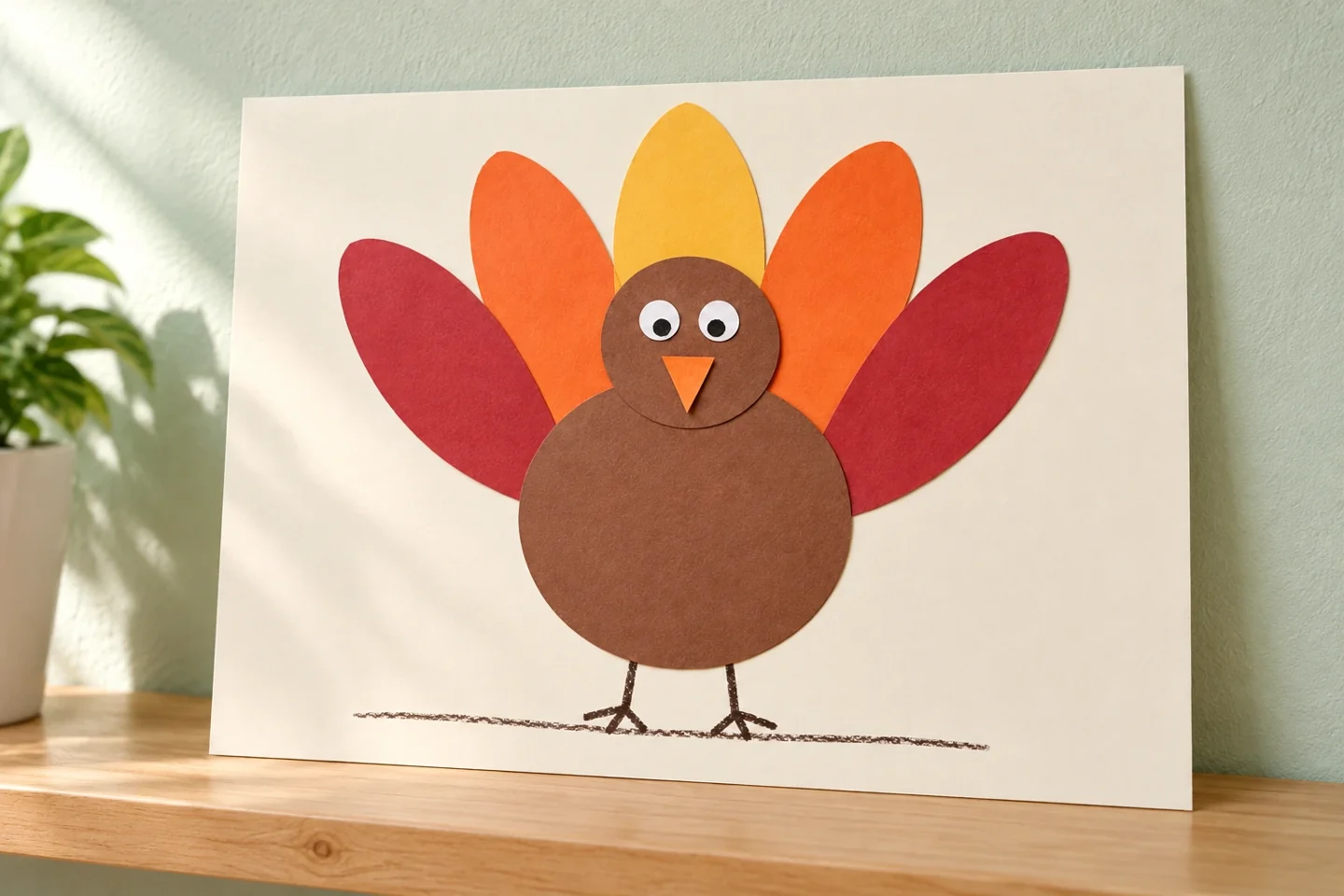 A completed paper turkey collage displayed upright with crayon legs