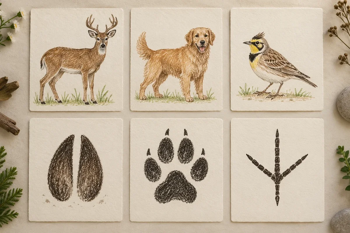 deer with split hoof, dog with four-toed paw, small bird with three forward toes and one rear toe