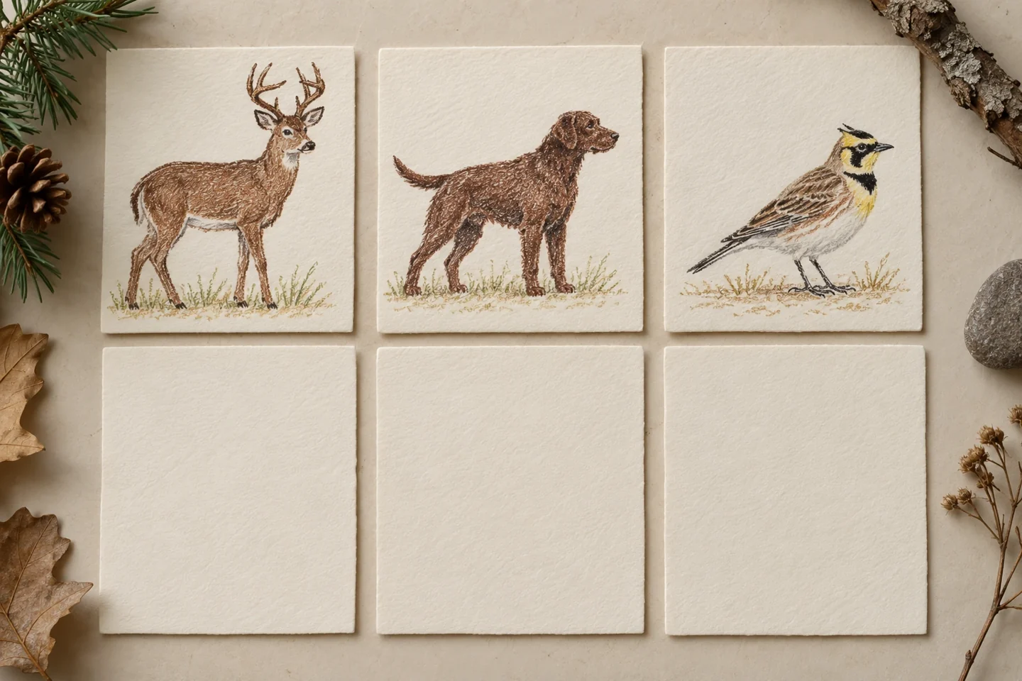 deer dog small bird on three cards