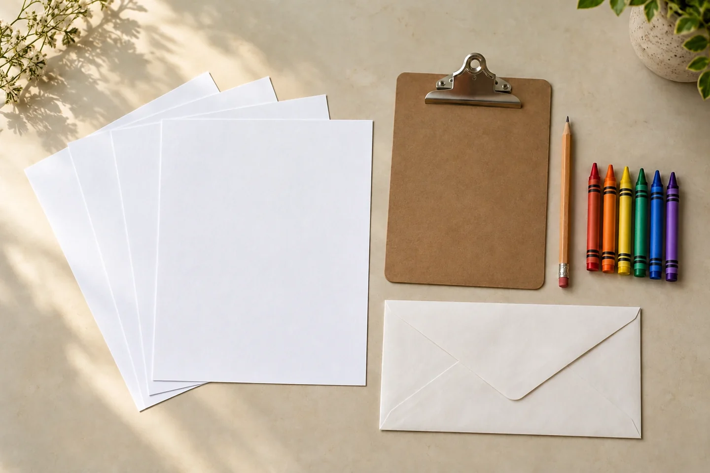 Raw four blank sheets clipboard pencil six crayons and optional large envelope, no stapler or completed journal